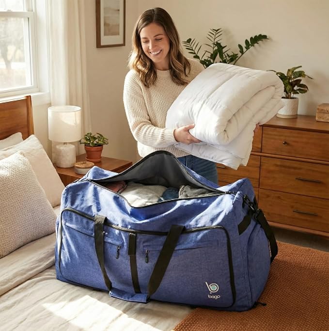 Bago Big XXL Foldable Duffel Bags for Traveling Women & Men - 140L Packable Duffle Bag for Travel with Shoe Compartment - Water Repellant, Heavy Duty, Lightweight Folding & Collapsible (SnowDepBlue)