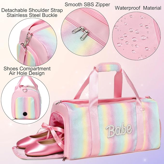 Ballet Dance Bag for Girls Shiny Rainbow Glitter Sports Duffle Bags for Girls Weekender Travel Bag with Waterproof Dry Wet Separated Compartment