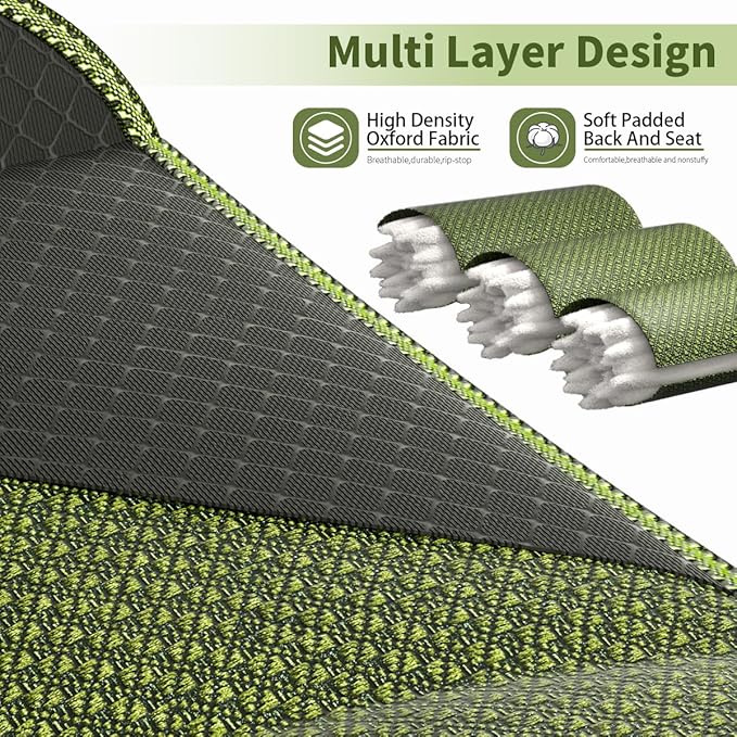 Heavy Duty Folding Chair 500LB Capacity, Oversized Camping Chairs with Cup Holder, Cooler Bag & Storage Pouch, Double-Layer Fabric, Outdoor Chairs for Sports, Lawn Chairs (2, Black Green, Oversized)