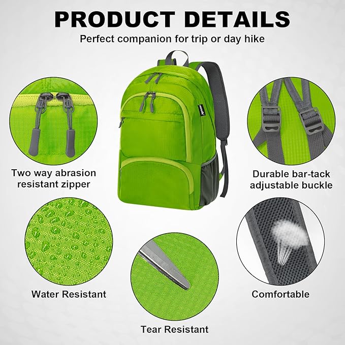 HOLYLUCK 20L lightweight packable Hiking Daypack Foldable Backpack for Men Women Small Travel Outdoor Foldable Shoulder Bag-green