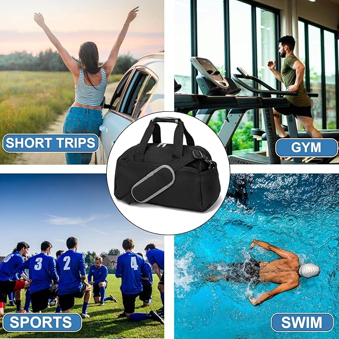 14 inch Small Gym Bag for Women & Men, Mini Duffel Bag for Travel Sports Lightweight Carry On Bag, Black