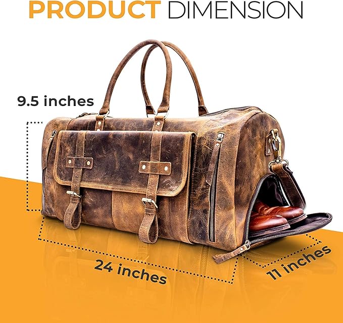KomalC 24 Inch Leather Duffel Bags for Men and Women Full Grain Leather Travel Overnight Weekend Bags Sports Gym Duffle for Men (Brown Tan with shoe pocket)