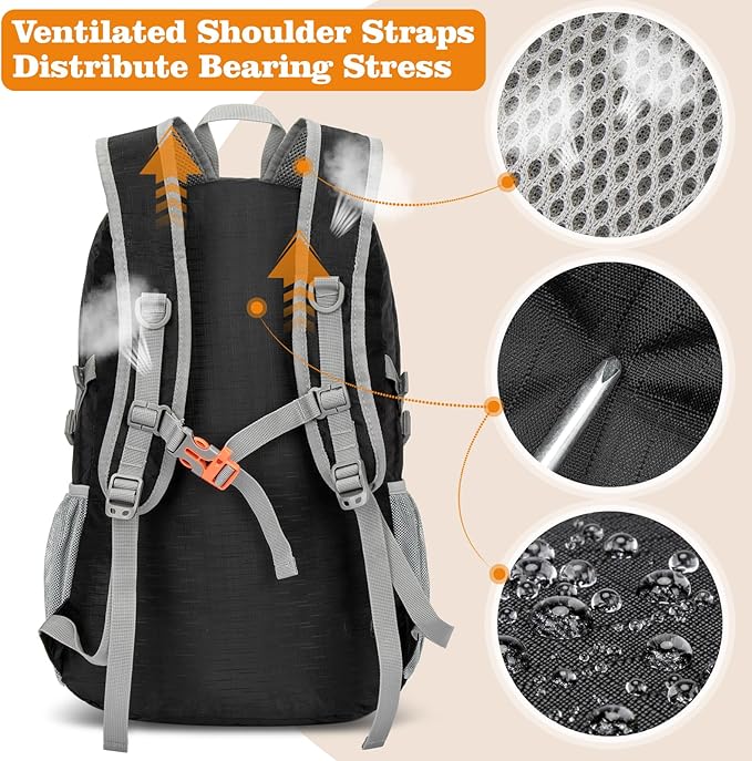 ZOMAKE Lightweight Packable Backpack 30L, Foldable Hiking Backpacks Water Resistant Compact Folding Daypack for Travel(Pure Black)
