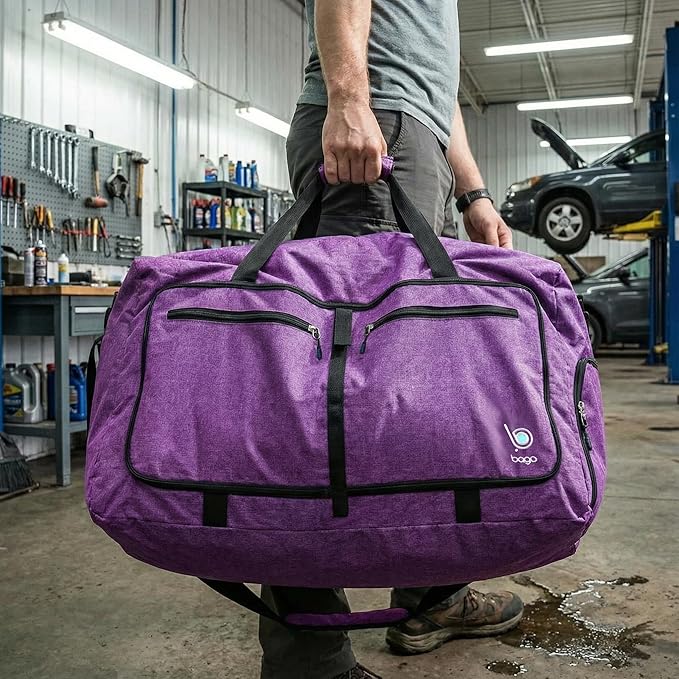 Bago Large Foldable Duffel Bags for Traveling Women & Men - 80L Packable Duffle Bag for Travel with Shoe Compartment - Water Repellant, Heavy Duty, Lightweight Folding & Collapsible (SnowDepPurple)