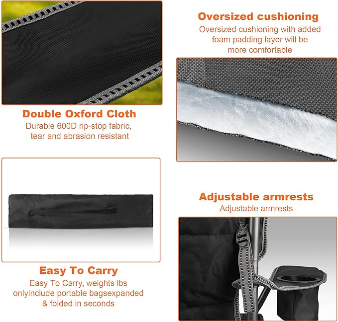 2 Pack Padded Oversized Camping Chairs for Adults,Heavy Duty Support 400 Lbs,Folding Portable Lawn Chair w/Cup Holder,Cooler Bag,Side Pocket,Perfect for Outdoor Picnic,Hiking(Black&Green)