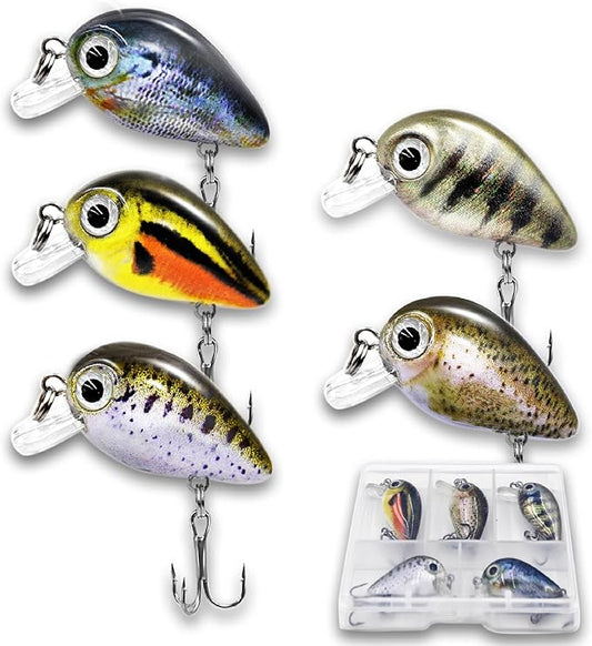 5PCS Micro Crankbait Fishing Lures for Bass Trout Topwater Lures Kit Slow Sinking Sturdy Vib Set for Fishing Lovers Pocket Mini Lure Fishing Tackle Kits for Children