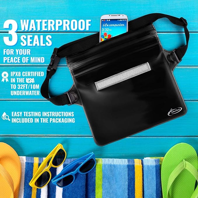 AiRunTech Beach Waterproof Gear Combo Pack, Protect Phone Wallet Passpor Valuables Safe, Cruise Travel Vacation Essentials(Floating Large Phone Pouch + Black Fanny Pack)