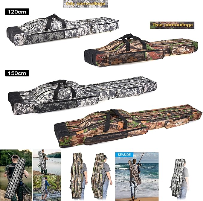 3 Layers Fishing Pole Bag,Portable 3 Layers Oxford Folding Rod Carry Case,Fishing Reel Tackle Storage Bag Case