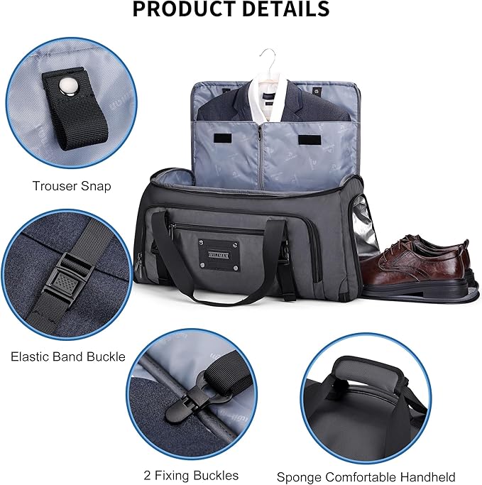 WITZMAN Mens Garment Duffle Bags for Travel Convertible Carry-on Suit Garment Bag for Men Hanging Clothes with Shoe Compartment（B724 Silvery Grey）