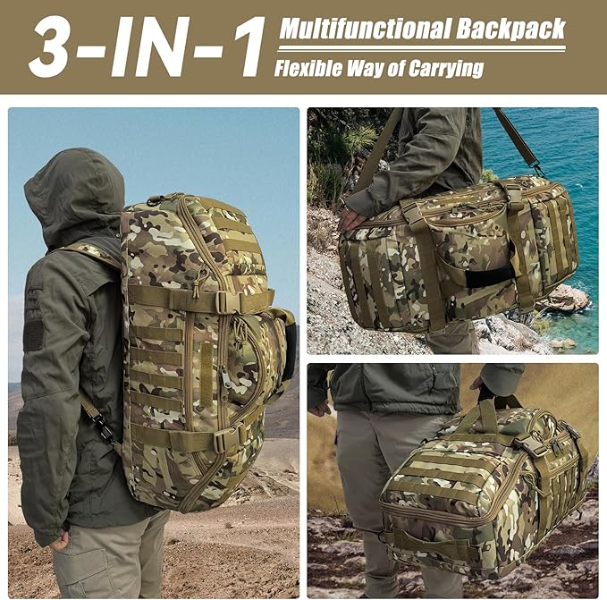 55L Large Duffle Bag, 3-in-1 Tactical Backpack MOLLE Pack for Sports, Gym, Outdoor, CP