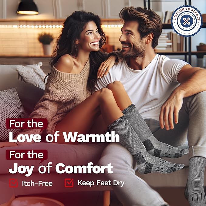 Buttons & Pleats Wool Socks for Men & Women Merino Thermal Warm Cozy Winter Boot Sock