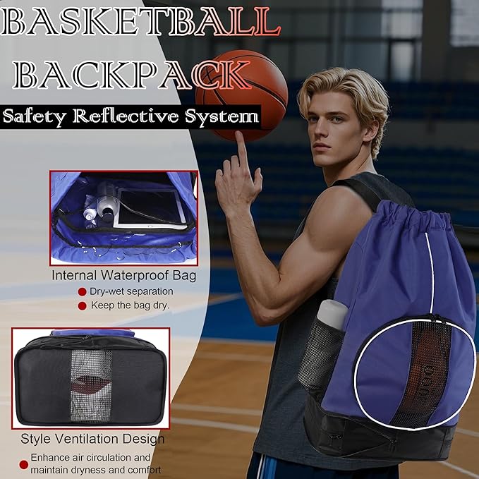Basketball Backpack, 45 L Drawstring Sports Bag with Large Shoe Compartment and Wet Pockets for Women Men Gym Bag