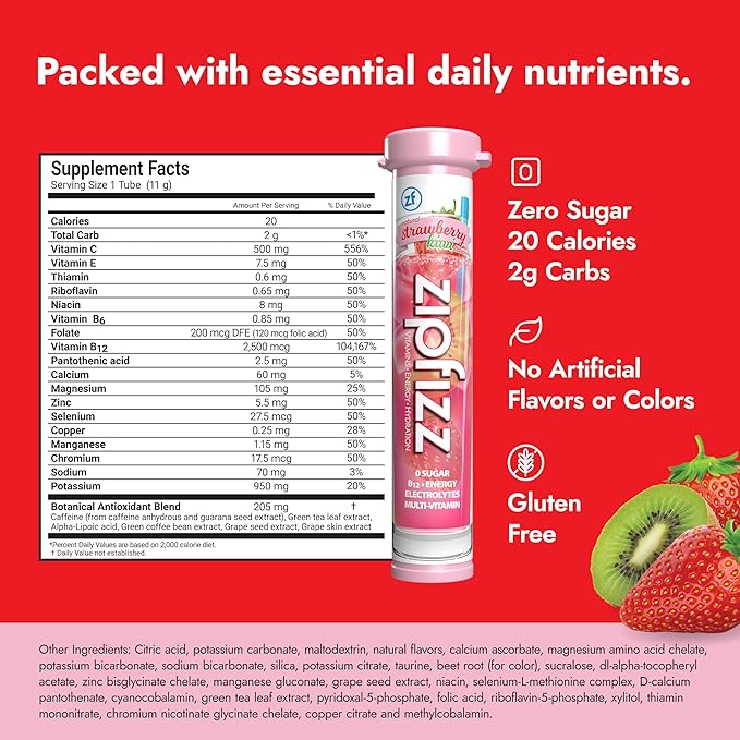Zipfizz Daily Energy Drink Powder, Strawberry Kiwi, 20 Pack | 3-in-1 Sustained Energy, Rapid Hydration, and Essential Vitamins | Sugar-Free | Electrolyte Powder | Contains Vitamin B-12 & Antioxidants