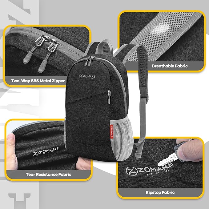 ZOMAKE Ultra Lightweight Packable Backpack 10L,Small Foldable Backpacks Hiking Water Resistant Collapsible Daypack for Women Men(Black-B1)