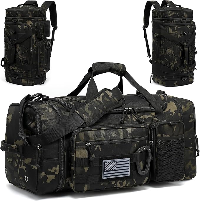 3 in 1 Tactical Gym Bag Backpack for Men 50-55L Expandable Travel Duffle Bag for Women Military Sport Duffel Bags Weekend Overnight with Shoe Compartment & Wet Pocket for Fitness, Camo
