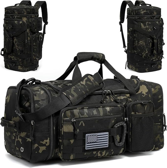 3 in 1 Tactical Gym Bag Backpack for Men 50-55L Expandable Travel Duffle Bag for Women Military Sport Duffel Bags Weekend Overnight with Shoe Compartment & Wet Pocket for Fitness, Camo