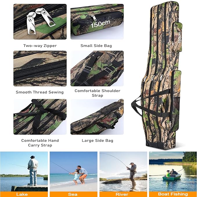 3 Layers Fishing Pole Bag,Portable 3 Layers Oxford Folding Rod Carry Case,Fishing Reel Tackle Storage Bag Case