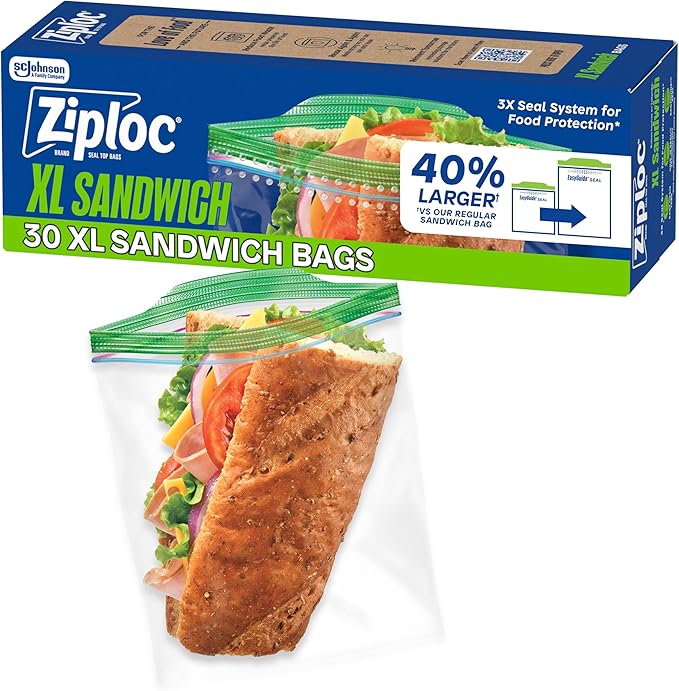 Ziploc XL Sandwich and Snack Bags with EasyGuide Texture, Plastic Storage Bags with Grip 'n Seal Technology, 30 Bags Total