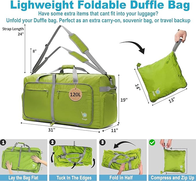 Bago Large Foldable Duffel Bags for Traveling Women & Men - 120L Packable Duffle Bag for Travel with Shoe Compartment - Water Repellant, Heavy Duty, Lightweight Folding & Collapsible (Green)