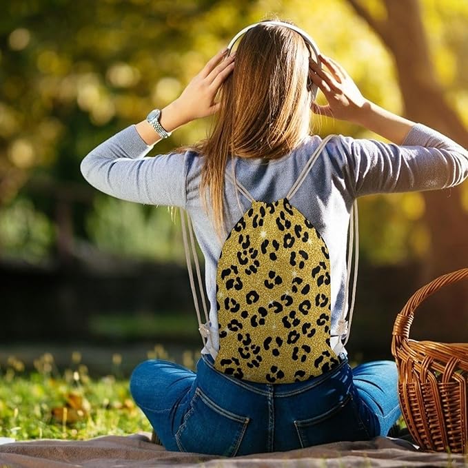 Canvas Drawstring Bag for Men Women, Black Gold Glitter Wild Chic Animal Cheetah Leopard Ptint Gym Workout Backpack, Lightweight Drawstring Backpack for Workout Travel