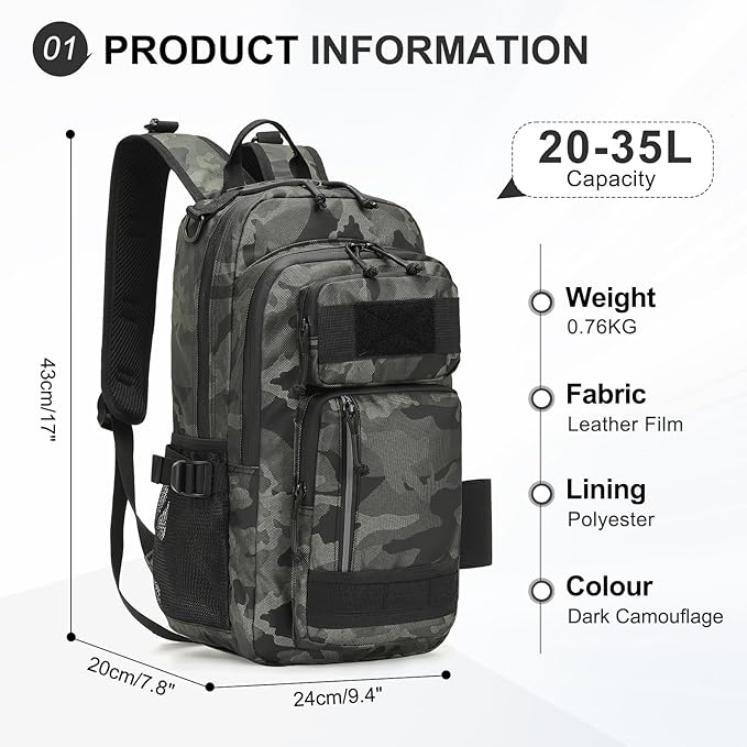 35L Fishing Backpack with Rod Holder, Waterproof Tackle Sling Crossbody Bag with Multi Pocket for Fishing Camping Hunting Hiking, Army Green Camouflage