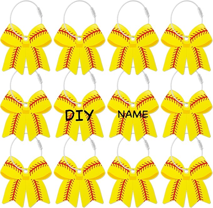 12 PCs Softball Bow Luggage Tags for Suitcases Travel Suitcase Labels with Metal Ring 2.75in Softball Bow Keychain PVC Name Id and DIY Pocket Hug Card for Men Women Travel Bag Suitcase Gift