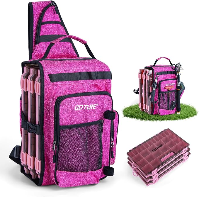 Goture OpenSide Tactical Sling Tackle Bag with 3 Tackle Trays, Lightweight Fishing Backpack Storge Fishing Gear -Shimmering Pink Bag Outdoor,Gift for women