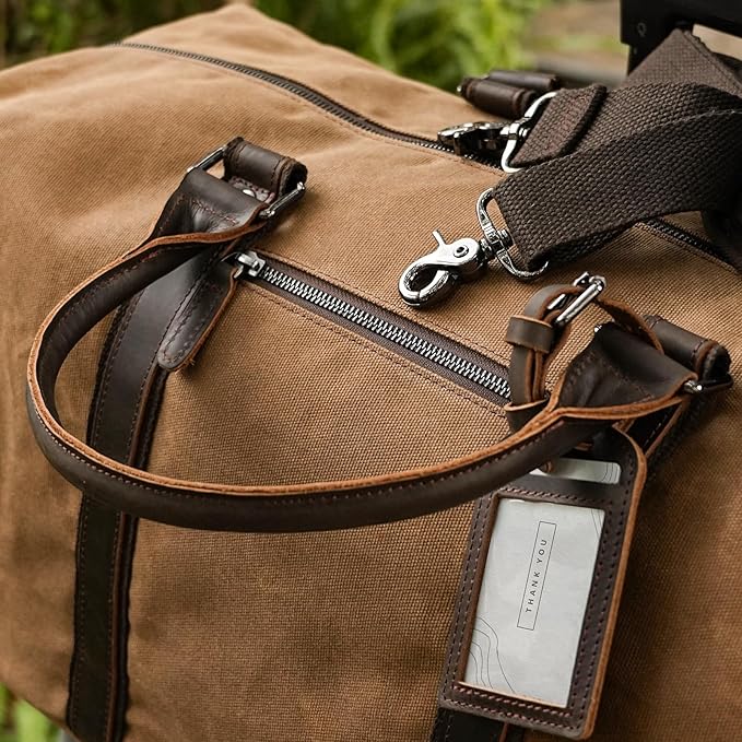 Polare 22” Waxed Canvas Cowhide Leather Travel Duffel Bag Waterproof Overnight Carry on Luggage Duffle 40L Sports Gym Weekender Bag