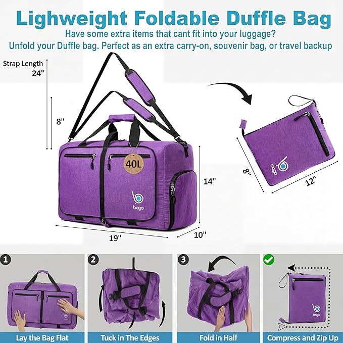 Bago Foldable Duffel Bags for Traveling Women & Men - 40L Sports Packable Duffle Bag for Travel with Shoe Compartment - Water Repellant, Heavy Duty, Lightweight Folding & Collapsible (SnowDepPurple)