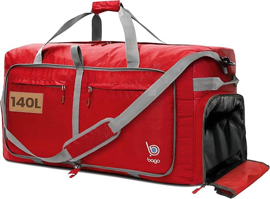 Bago Big XXL Foldable Duffel Bags for Traveling Women & Men - 140L Packable Duffle Bag for Travel with Shoe Compartment - Water Repellant, Heavy Duty, Lightweight Folding & Collapsible (Red)