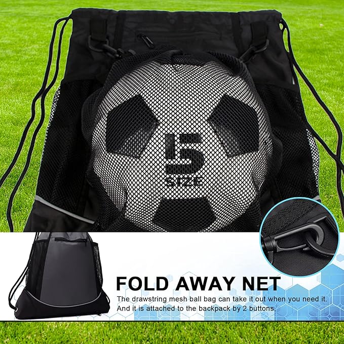 KAEGREEL Drawstring Soccer Bag Basketball Backpack for Kids Teens, Foldable Sports Bags Detachable Ball Mesh Bag for Gym Yoga Football Baseball