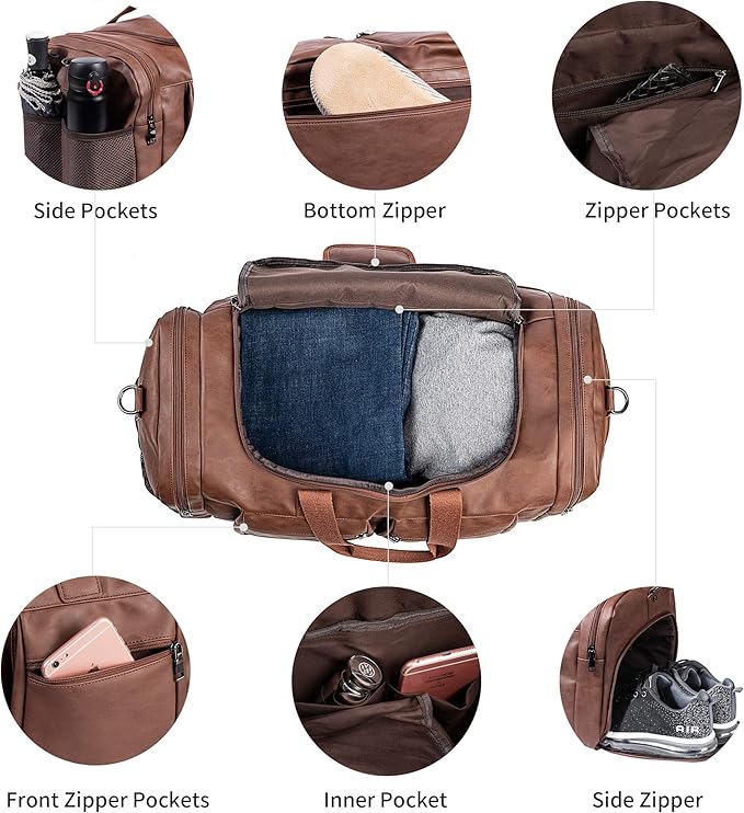 Leather Travel Bag with Shoe Pouch,Weekender Overnight Bag Waterproof Leather Large Carry On Bag Travel Tote Duffel Bag for Men or Women-Brown