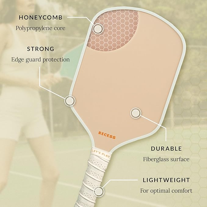 Recess Pickleball Starter Set of Premium Pickleball Paddles and Four (4) Pickle Balls - Lightweight, Honeycomb Core & Comfort Grip Handles - Perfect for Beginners