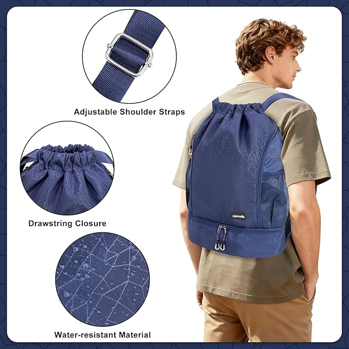 HOLYLUCK Drawstring Backpack with Shoe Compartment, Gym Bag Backpack for Men Women, Cinch Swim Beach Bag String Sports Bag for Soccer and Basketball, Blue