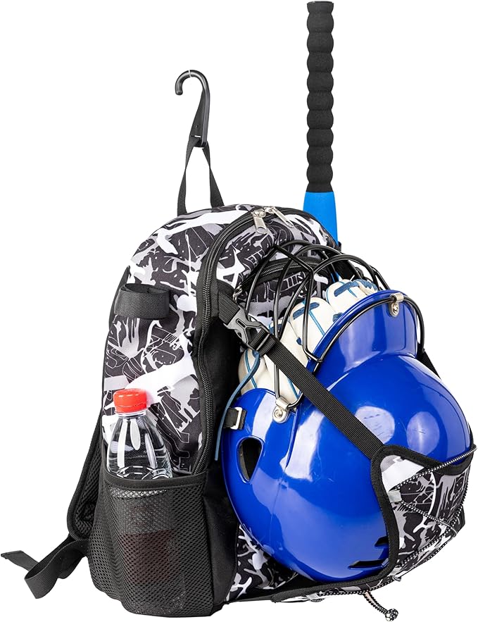 Youth Baseball Bat Bag Backpack, T-Ball & Softball Equipment Gear for Youth with Fence Hook, Lightweight Baseball Bat Backpack, Large Main Compartment for Helmet