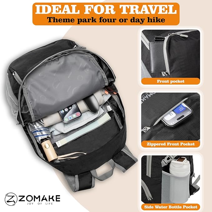 ZOMAKE Lightweight Packable Backpack 30L, Foldable Hiking Backpacks Water Resistant Compact Folding Daypack for Travel(Pure Black)