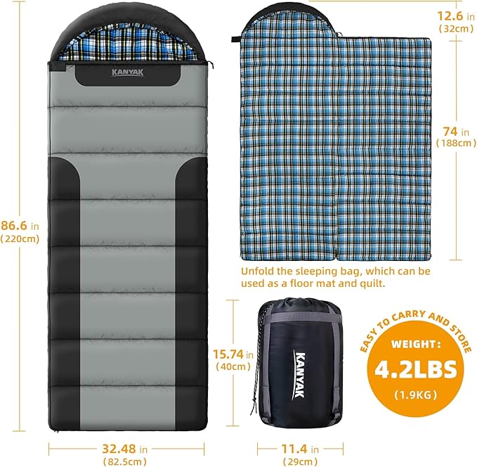 Cotton Flannel Lined Sleeping Bag for Adults Teens Kids, Cold Weather &Warm, 3 Seasons, Lightweight Compact Camping Essentials Equipment, Hiking, Outdoor, Travel