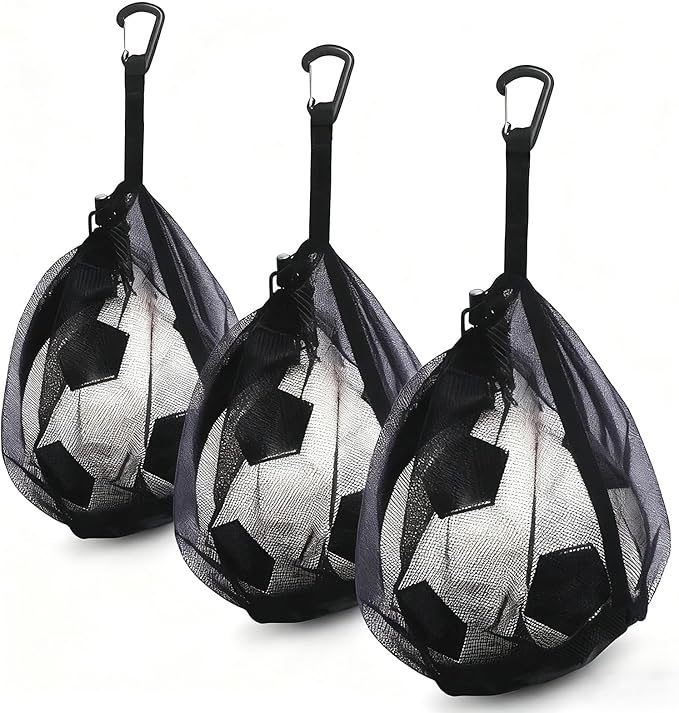 2Pcs Single Mesh Ball Bag for Basketball Soccer & Volleyball, Lightweight Net Storage with Zipper Pocket for Sports, Portable Drawstring Bags with Hanging Clip for Men, Women & Athletes, Black