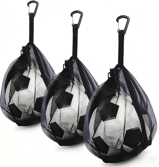2Pcs Single Mesh Ball Bag for Basketball Soccer & Volleyball, Lightweight Net Storage with Zipper Pocket for Sports, Portable Drawstring Bags with Hanging Clip for Men, Women & Athletes, Black