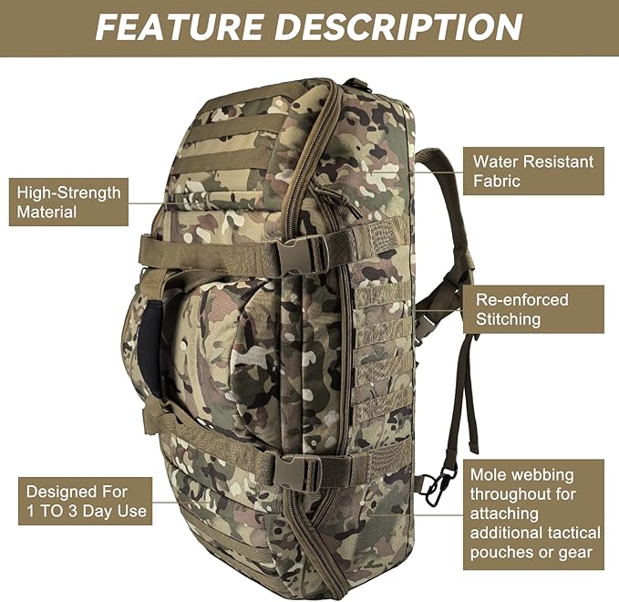 65L Large Duffle Bag, 3-in-1 Tactical Backpack MOLLE Pack for Sports, Gym, Outdoor, CP