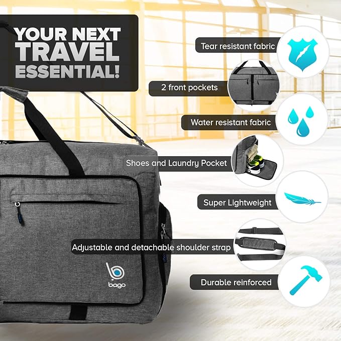 Bago Large Foldable Duffel Bags for Traveling Women & Men - 120L Packable Duffle Bag for Travel with Shoe Compartment - Water Repellant, Heavy Duty, Lightweight Folding & Collapsible (SnowBlack)