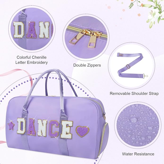 Dance Bag for Girls 2PCS Ballet Cheer Bag with Shoes Compartment Chenille Letter Embroidery for Dancer Travel Overnight bag