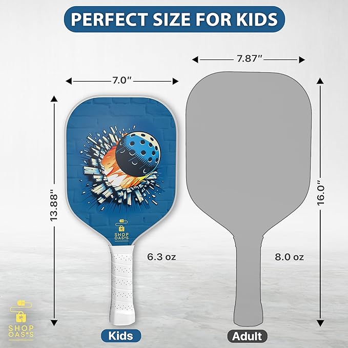Kids Pickleball Paddles (Set of 2), Child Size Paddles, Lightweight Honeycomb Core, Fiberglass Strike Face, 2 Youth Rackets with 4 Balls and Premium Zipper Bag