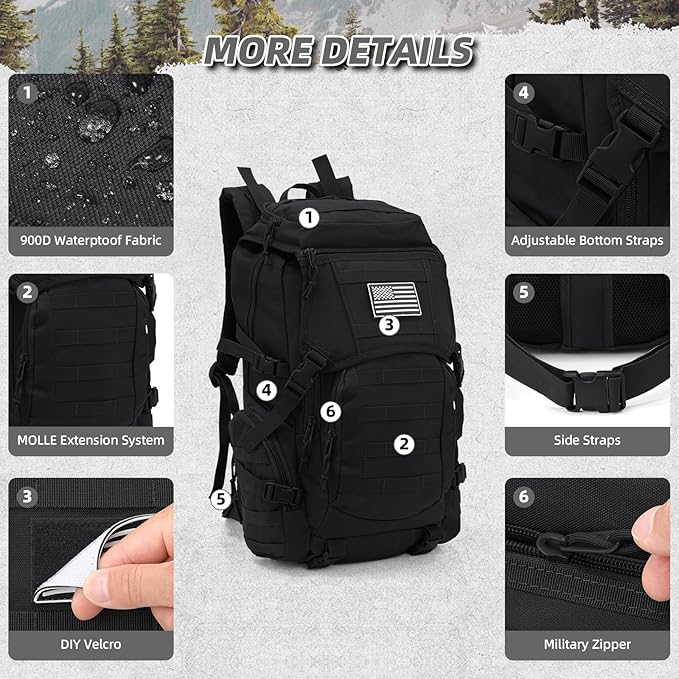 AUMENTAR 35L Military Tactical Backpack for Men, Water Resistant Assault Pack for Women, Black Molle Daypack 3 Day Bug Out Bag Rucksack for Trekking,Camping, Survival, EDC