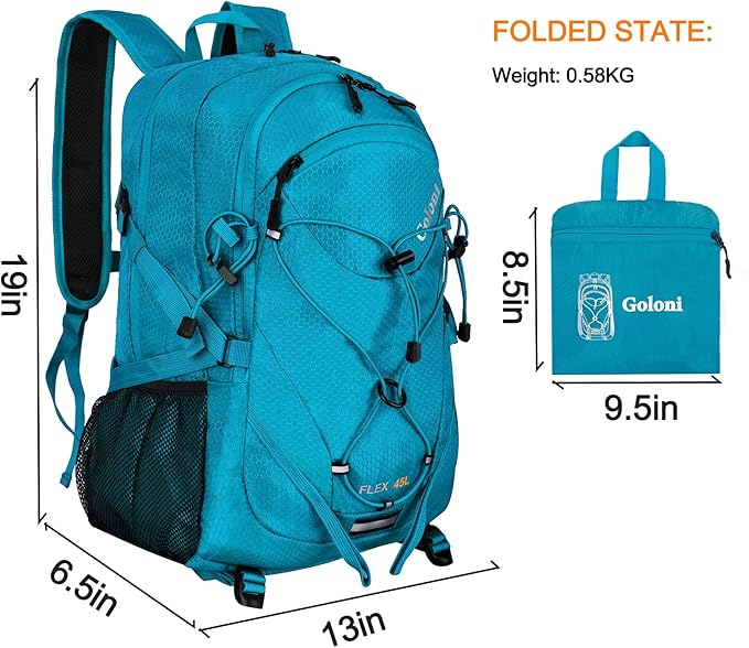 45L Hiking Backpack with Rain Cover, Lightweight Foldable Camping Backpack for Trekking, Water-Resistant Daypack with Hiking Pole & Mat Carrying System,Blue
