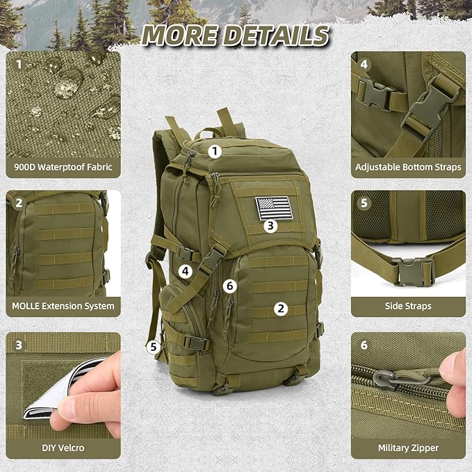 AUMENTAR 35L Military Tactical Backpack for Men, Water Resistant Assault Pack for Women, Army Green Molle Daypack 3 Day Bug Out Bag Rucksack for Trekking,Camping,Survival,EDC