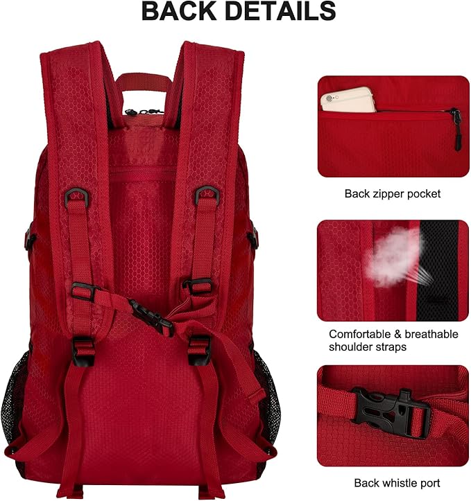 45L Hiking Backpack with Rain Cover, Lightweight Foldable Camping Backpack for Trekking, Water-Resistant Daypack with Hiking Pole & Mat Carrying System,Red