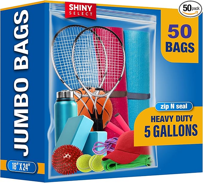 X-Large Bags, Jumbo Big Zip & Lock Freezer & Storage Bags, 5 Gallon, 18"x24" Clear, 50 Pieces