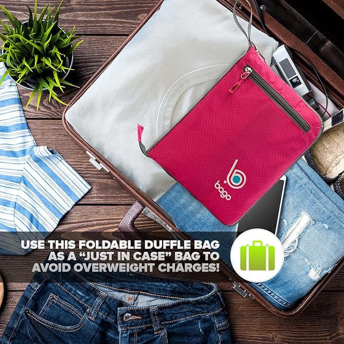 Bago Foldable Duffel Bags for Traveling Women & Men - 40L Sports Packable Duffle Bag for Travel with Shoe Compartment - Water Repellant, Heavy Duty, Lightweight Folding & Collapsible (Pink)