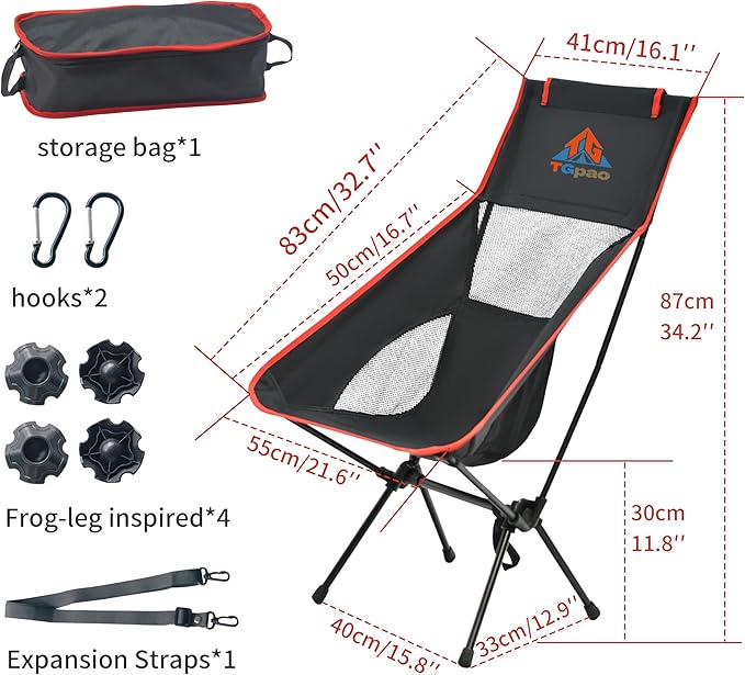 Lightweight Backpacking Folding Chair with Carry Bag,Stable and Sturdy Camping Chairs with Back Support, Fishing, Hiking and Beach Activities (high backrest, Black and red, L)